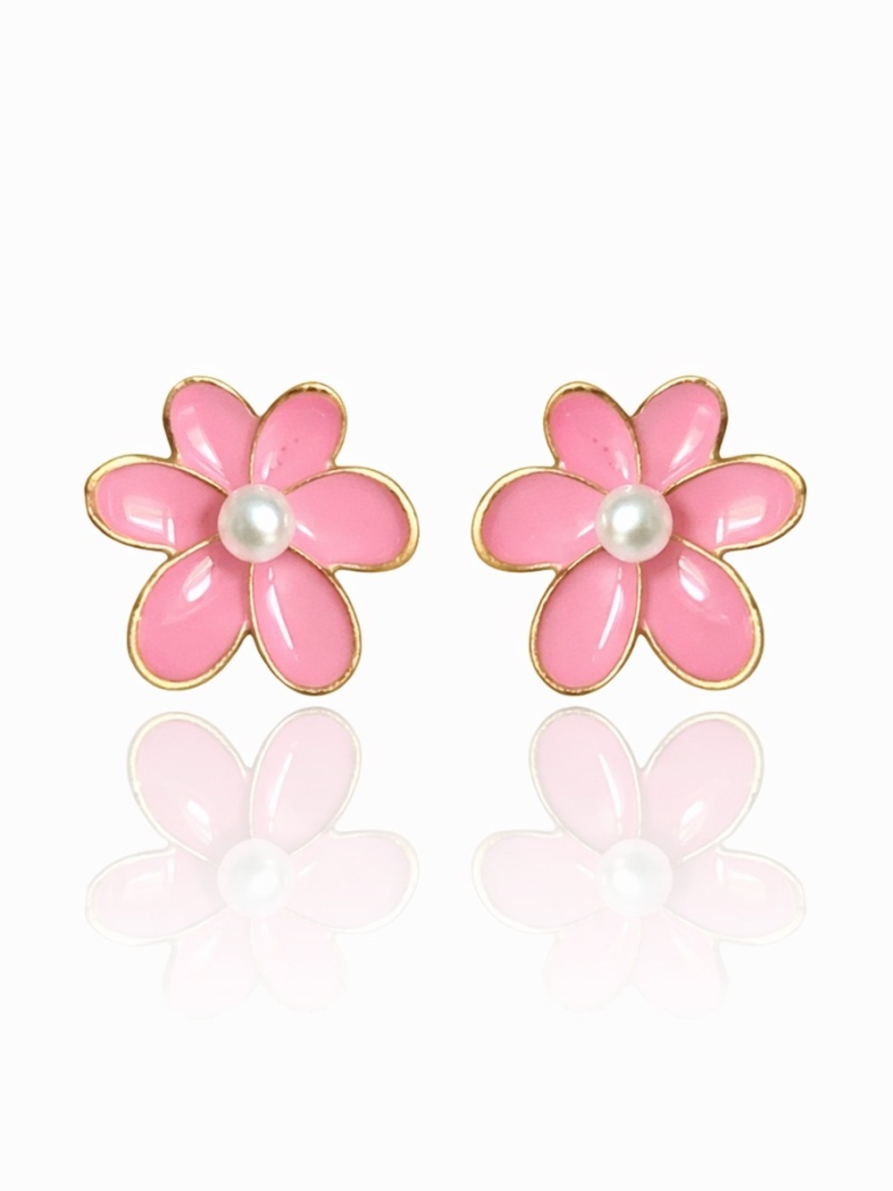 Pink Flower Pearl Center Stud Earrings